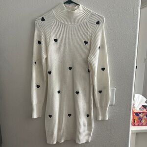 miami Cream Ribbed Turtleneck Sweater Dress with Black Heart Accents